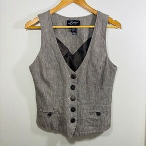 Vintage Y2K Sharagano Studio Vest Brown Linen Blend Sleeveless V-Neck Large